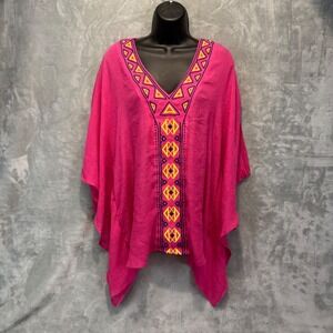 Umgee Pink Embroidered Boho Tunic Poncho Top Large Magenta Geometric